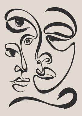 Abstract Line Art Faces in Black and Beige