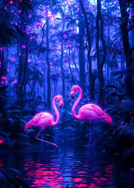 Pink Flamingos in Enchanted Forest