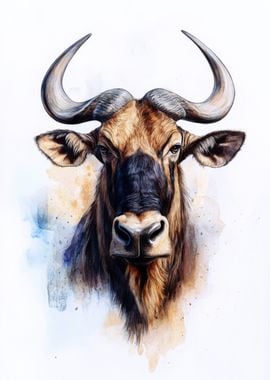 Wildebeest Watercolor Portrait