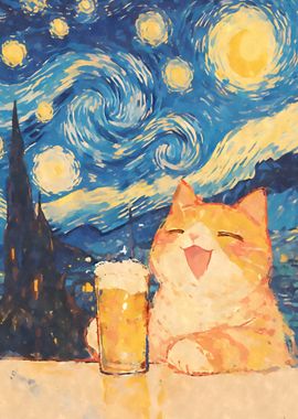 Orange Cat Beer Starry Night