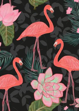 Hand drawn flamingos with lotus flowers