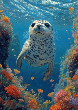 Curious Seal Exploring a Vibrant Coral Reef - Underwater Wildlife Art