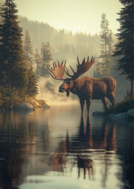 Moose in Misty Forest