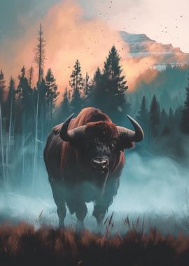 Bison in Misty Forest