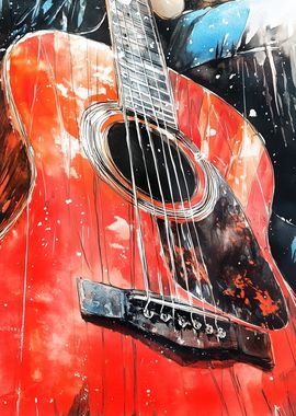 Red Acoustic Guitar Watercolor