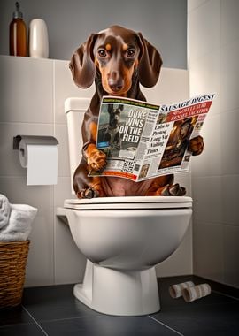 Dachshund Reading Newspaper on Toilet