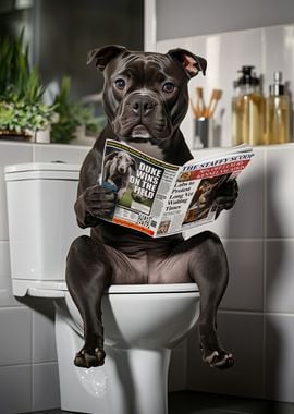 Staffordshire Terrier on the Toilet Reading Newspaper