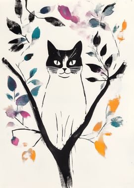 Black and White Cat in a Tree