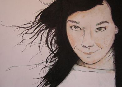 Bjork portrait. ink pencil watercolour