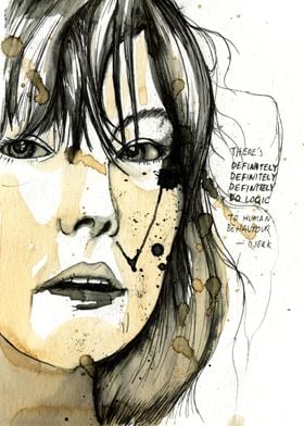 Portriat of Björk painted with coffee and ink