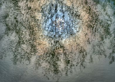 Abstract reflections of trees and sun on water.