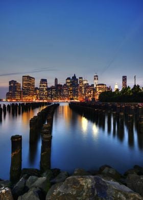 Manhattan as seen from Brooklyn at dusk.