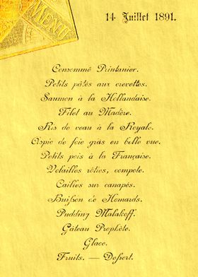Authentic Vintage French Menu. Date : 14 july 1891 (Bas ... 