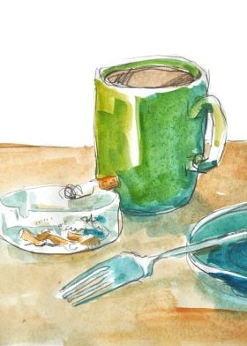Fast breakfast. Green mug filled with cafe, fork on the ... 