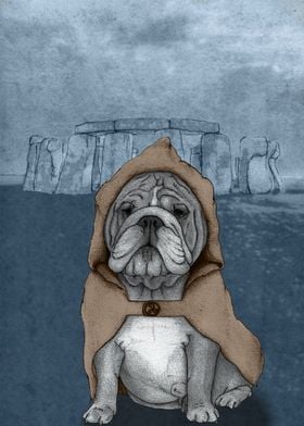 English Bulldog in Stonehenge.  Free hand drawed illus ... 