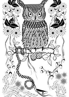 Jungle Owl: A Detailed illustration of Owl and Snake