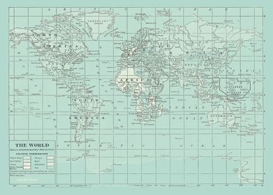 Soft Teal Vintage World Map
