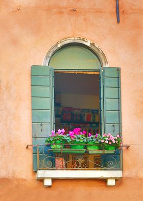 Terra Cotta Stucco Building and Green Window in Venice