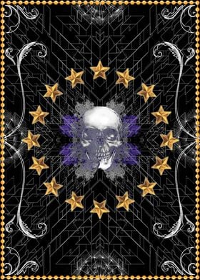Black mystical triangles abstract pattern with a skull