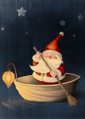 Santa Claus surfs on walnut shell