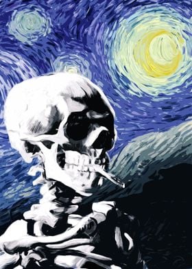 skull with burning cigarette on starry night