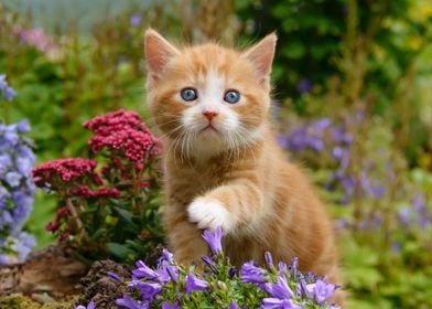 Cute ginger kitten in a flowery garden