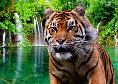 Tiger and Waterfall