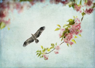 Bird and Pink and Green Flowering Branch on Blue