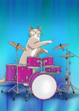 Cat Playing Drums - Blue