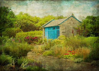 Stone Garden Shed with Blue Door