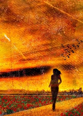 A girl running to the sunset and freedom. Semi-abstract ... 