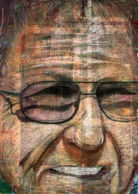 Old man in glasses using pastels on painted canvas