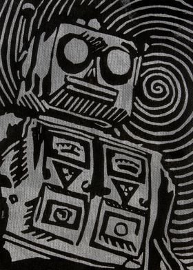 Mr. Roboto print plate on textured background.