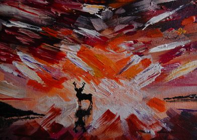 An expressionist surreal Scottish landscape with a deer ... 
