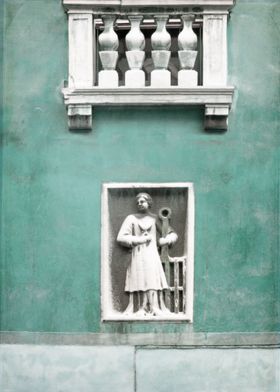 Venetian Balcony and Sculpture in Aqua Blue Green