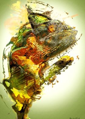 Chameleon Painting - colorful green Chameleon lizard wi ... 