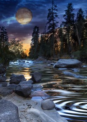 Super moon at sunset with river in foreground