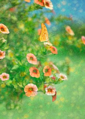 Orange butterfly perched atop orange flowers.  Image is ... 