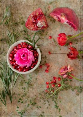 Taken from above, a view of freshly cut Pomegranate wit ... 