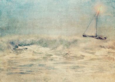 Textured for painterly effect, a lone sailboat sails po ... 