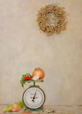 Still life of authentic Household Scale on sideboard ad ... 