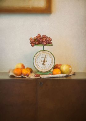 Still life of an authentic Household Scale adorned with ... 