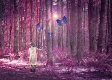 Girl in Purple Pink Forest with Indigo Blue Butterflies ... 