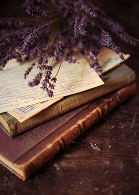 Still life with old books and lavender