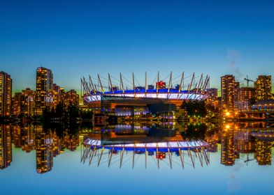 Reflection of BC Place Stadium during blue hour