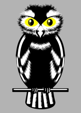 Owl. A black and white owl with huge yellow eyes. This  ... 