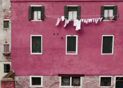 A Venetian View in Deep Pink with Laundry