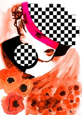 Poppies and checkerboard fashion illustration