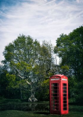 red telephone box in the forest