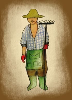 Happy farmer handing a rake with gloves, wearing straw  ... 